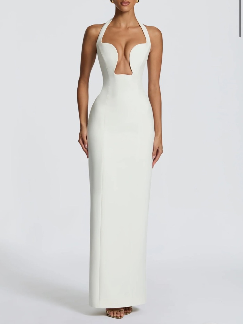 White Halter-Neck Maxi Dress with Sculpted Plunge